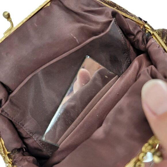 Vtg 50's Baguette Mini Framed Brown Gold Metallic Floral Embroidered Sequin - Picture 4 of 10